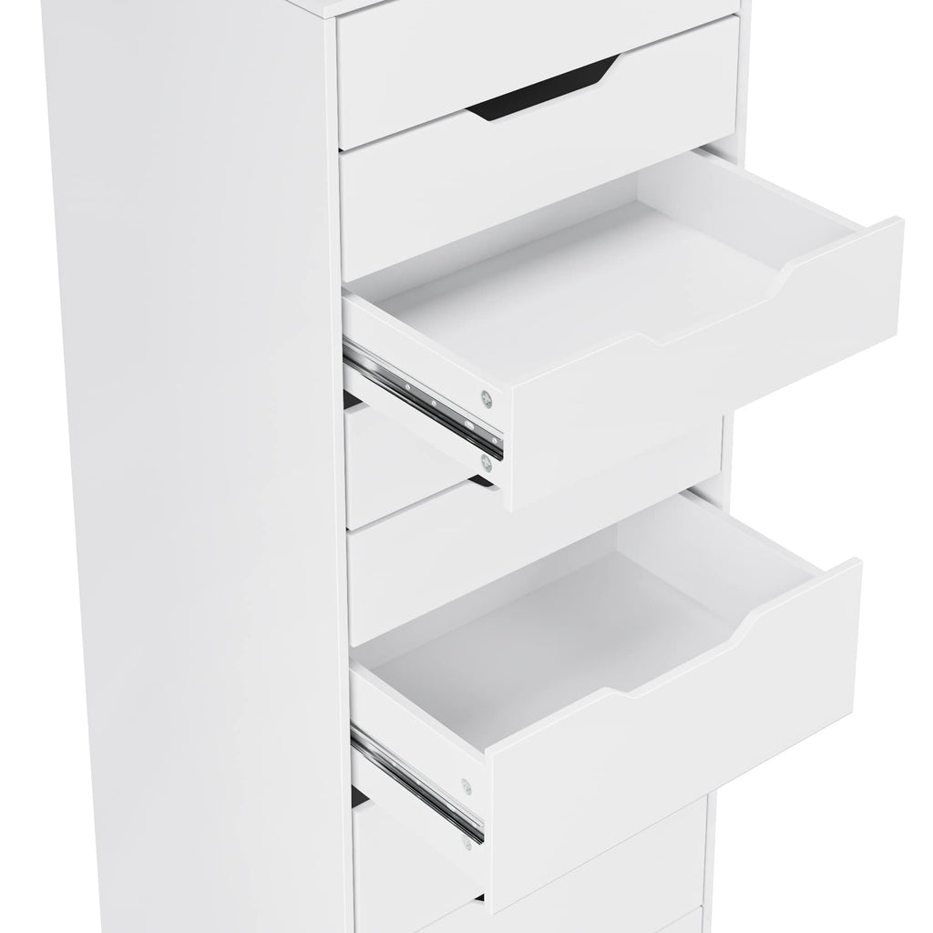 Commode chambre 9 tiroirs M951 124 cm en bois d'ingénierie blanc avec rangement vertical et poignées creuses