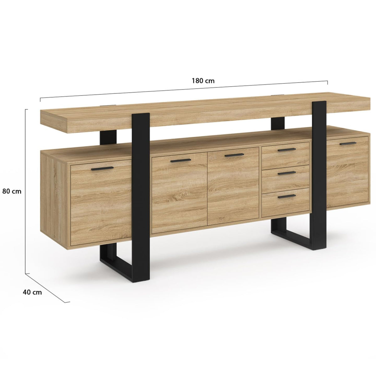Buffet 180 cm Phoenix XXL 4 Portes 3 Tiroirs Bois et Noir 180 x 40 x 80 cm Étagères Réglables
