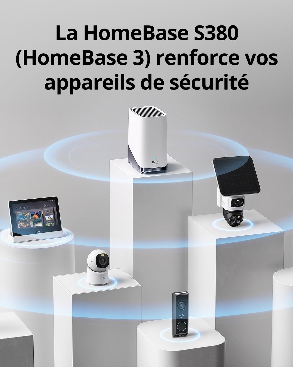 Centre de sécurité HomeBase S380 Wi-Fi 2,4 GHz stockage local 16 Go extensible jusqu'à 16 To alarme 100 dB