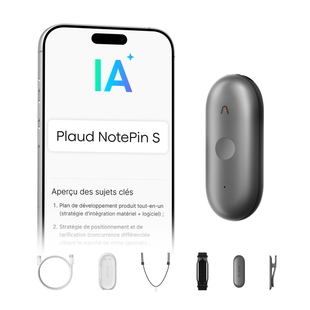 Enregistreur vocal IA NotePin S 64 Go transcription IA 112 langues autonomie 20 h microphone intégré MP3 avec 4 accessoires