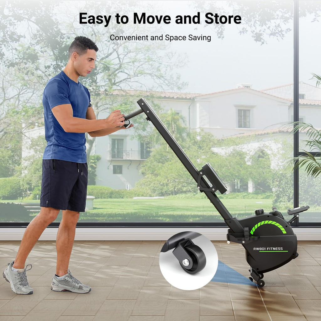 Rameur pliable F203s à résistance magnétique 16 niveaux double rail écran LCD charge maximale 150 kg 158 x 42 x 62 cm