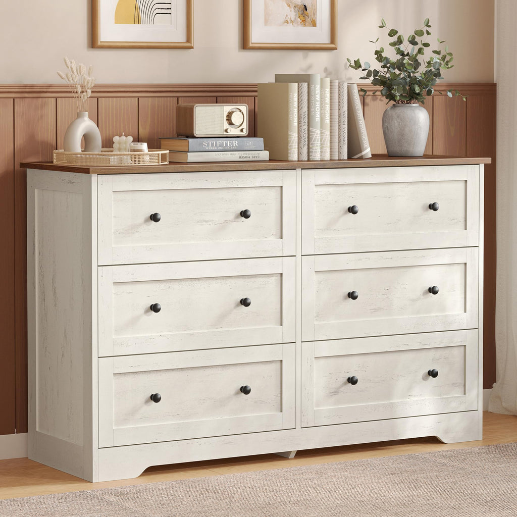 Commode 6 tiroirs LTS663WJ01 40 x 120 x 78 cm bois d'ingénierie blanc rustique marron miel meuble de rangement