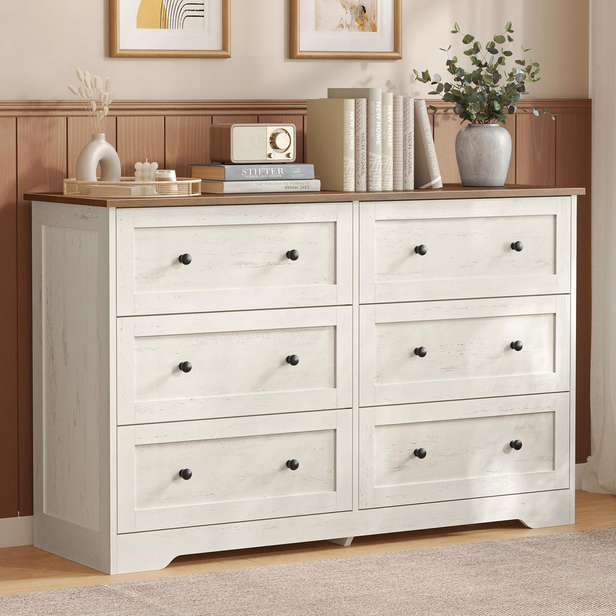 Commode 6 tiroirs LTS663WJ01 40 x 120 x 78 cm bois d'ingénierie blanc rustique marron miel meuble de rangement