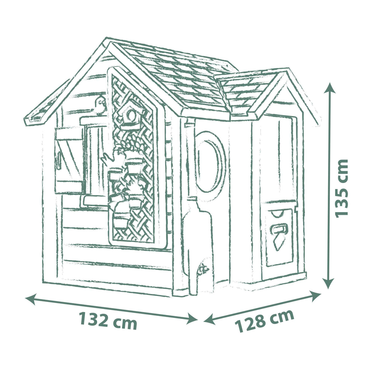 Maison de jardin pour enfants 132 x 128,5 x 135 cm dès 2 ans plastique recyclé jardinière treillis mangeoire récupérateur d'eau