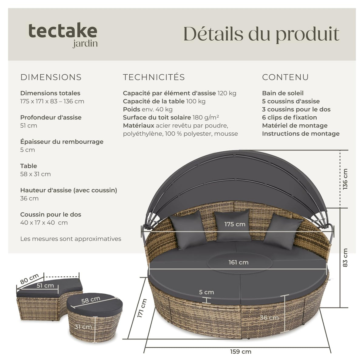 Bain de soleil modulable 5 pièces en résine tressée pare-soleil pliable coussins inclus structure acier 175 x 171 x 136 cm marron