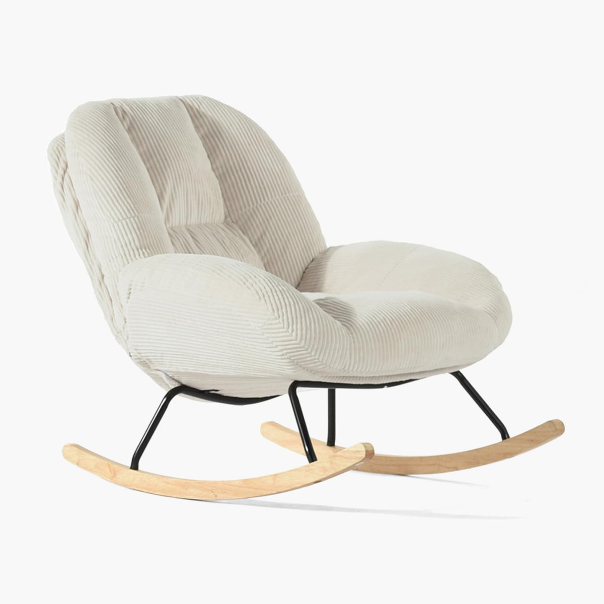 Fauteuil à bascule scandinave en velours côtelé beige 111 x 79 x 84 cm dossier haut accoudoirs ergonomiques charge 120 kg