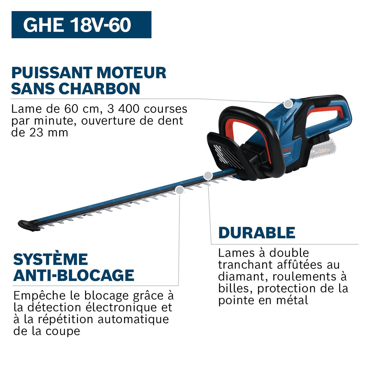 Taille-haies sans fil GHE 18V-60 18 V capacité de coupe 20 mm moteur sans charbon sans batterie ni chargeur