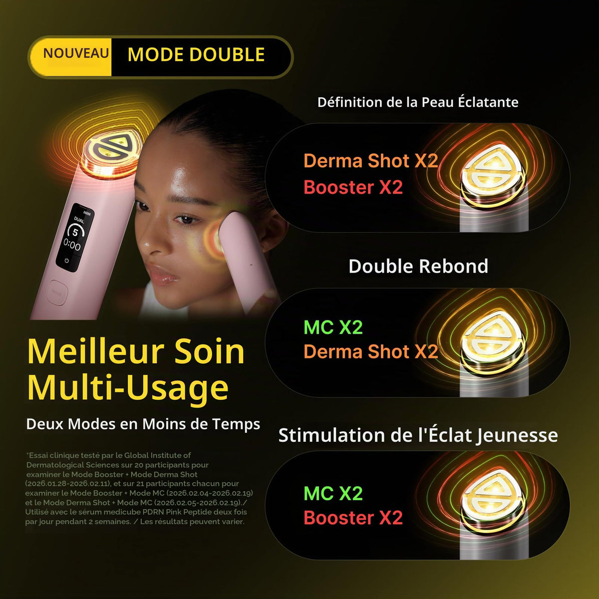 Appareil de Soin Visage 7-en-1 Booster Pro X2 5 V 6 Niveaux d’Intensité Modes Dual et Mask Rose