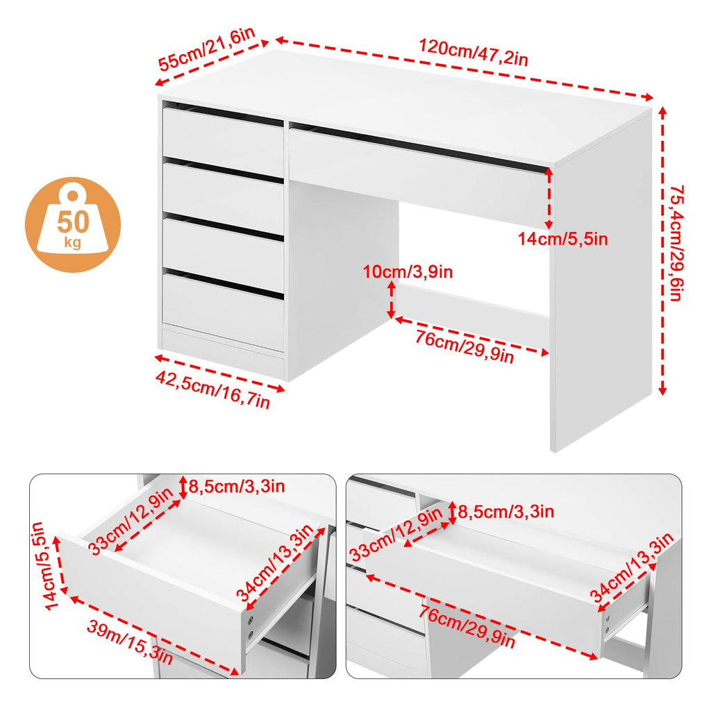 Bureau d'Ordinateur avec Rangement SCD0229 120 x 55 x 75 cm 5 Tiroirs MDF Charge 50 kg Plateau 120 cm Blanc