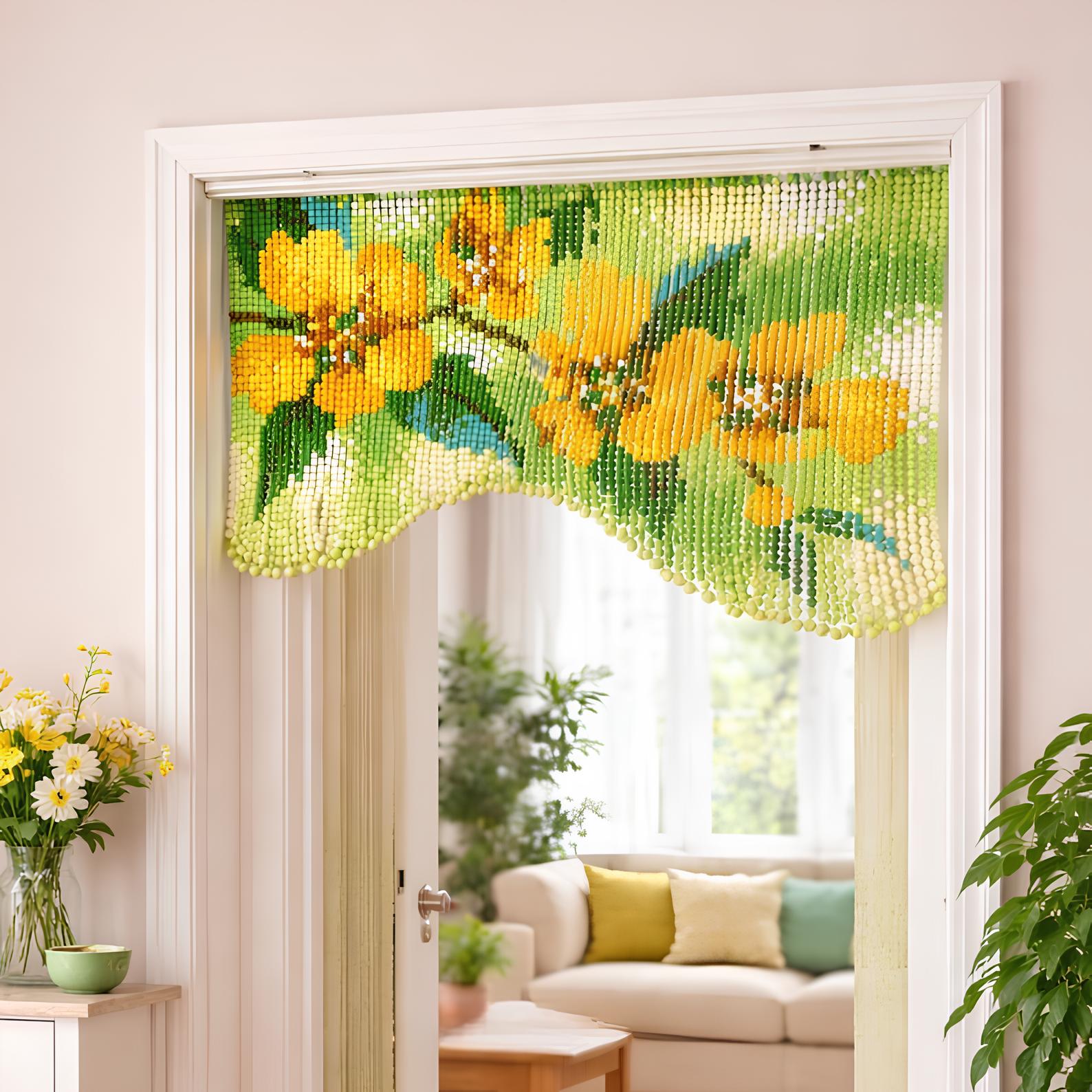Rideau de Porte Perles Acryliques Fait Main à Fleurs Jaunes | Séparateur de Pièce Bohème 90 cm