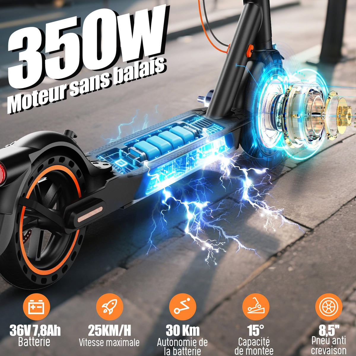Trottinette Électrique Pliante T3-650W 36 V 7,8 Ah 25 km/h Autonomie 30 km Pneus Pleins 8,5 Pouces Charge 120 kg