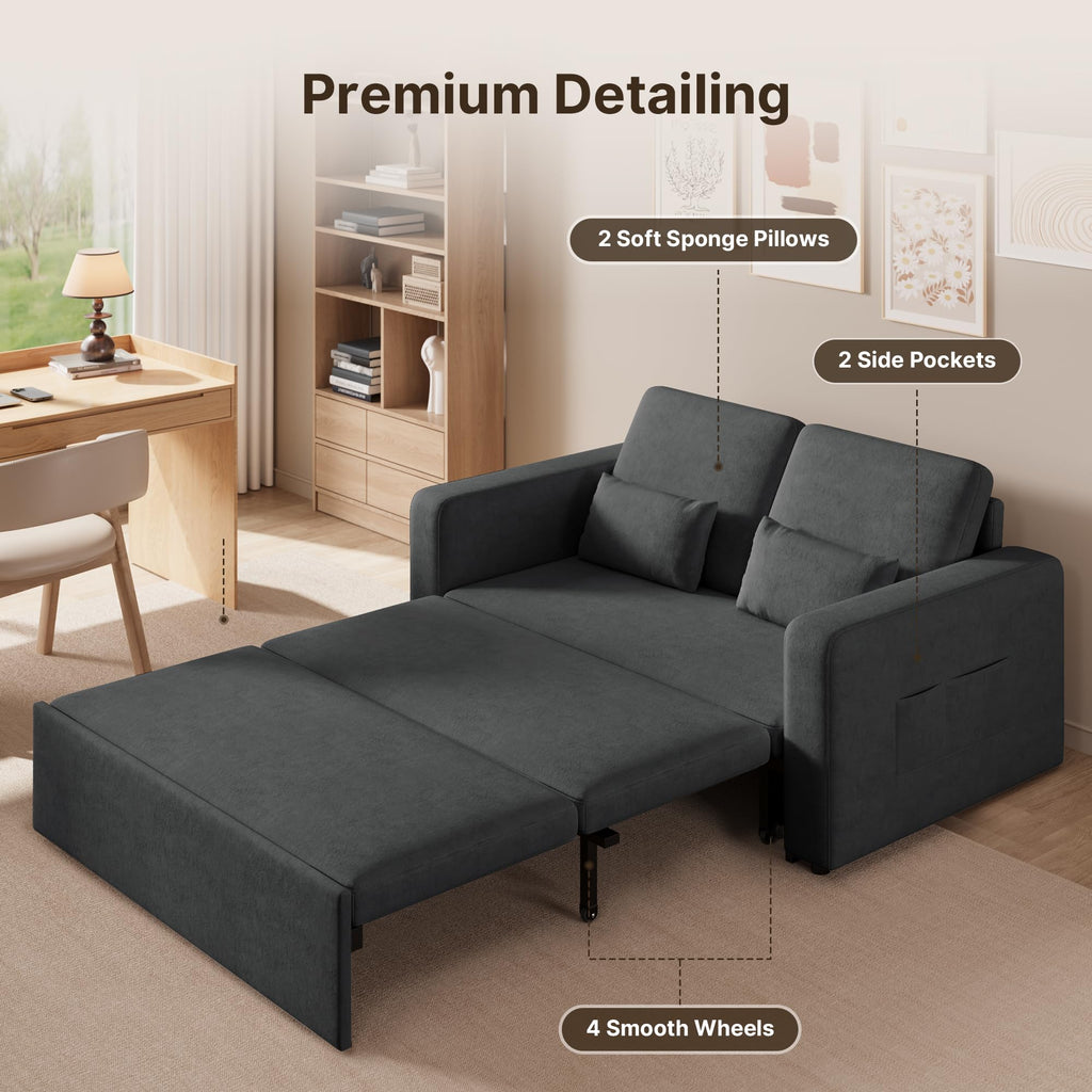 Canapé-lit 2 places convertible AR28 147 x 196 x 87 cm en velours gris foncé avec 4 roulettes et rangement latéral