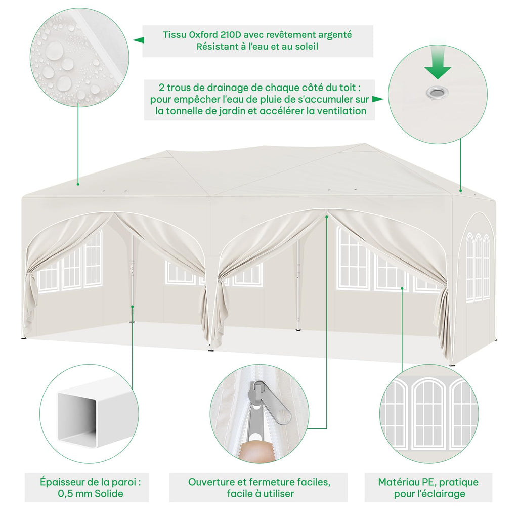 Barnum pliant 3 x 6 m avec 6 parois tente de réception beige structure métallique imperméable UPF 50+