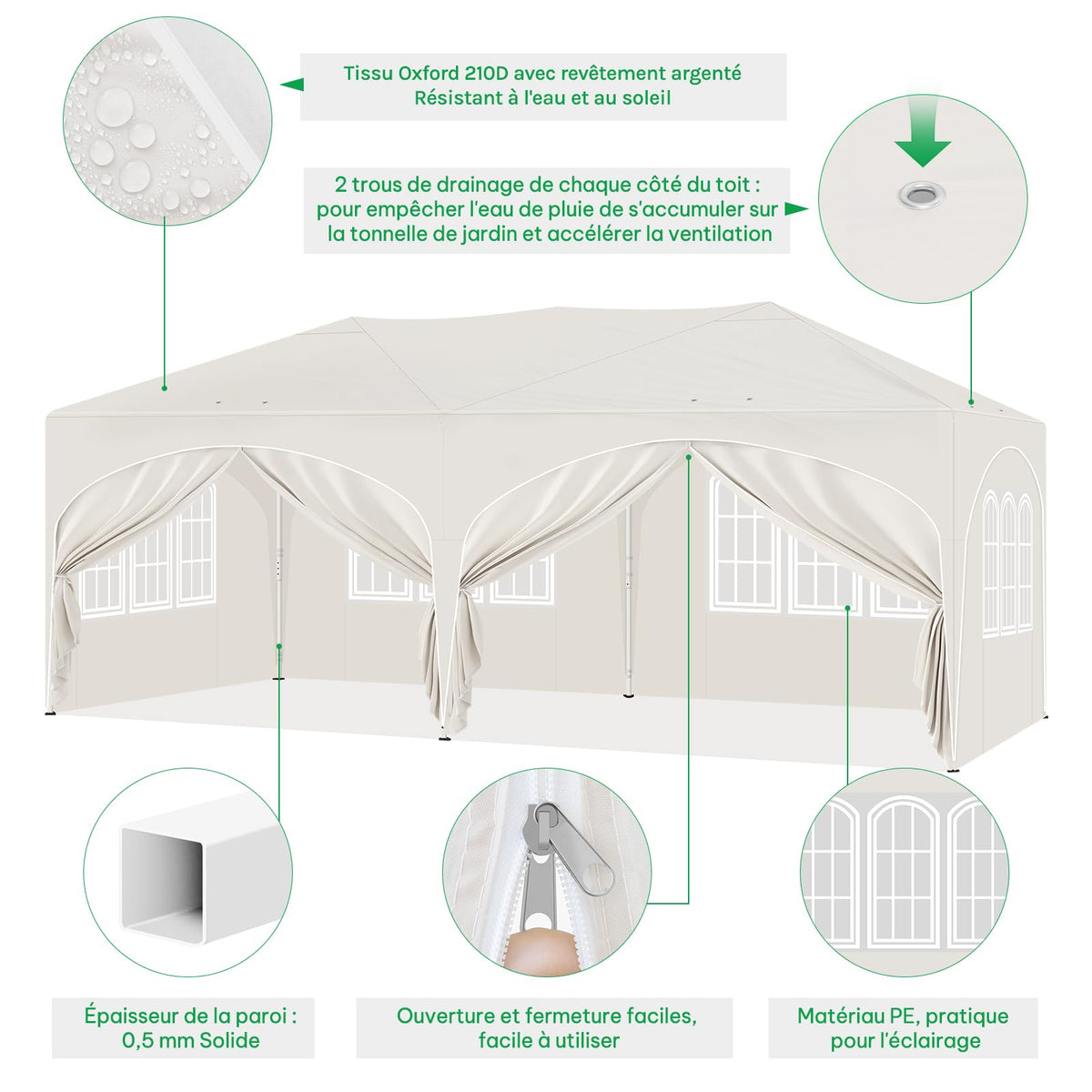 Barnum pliant 3 x 6 m avec 6 parois tente de réception beige structure métallique imperméable UPF 50+