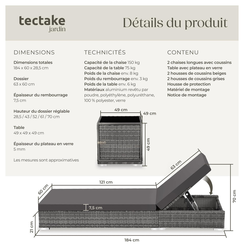 Set de 2 bains de soleil avec table 403088 dossier réglable 5 positions résine tressée aluminium housses de protection