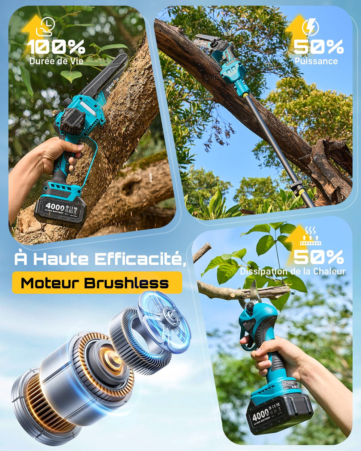 Mini tronçonneuse sur perche 4-en-1 CYCPHTO1F-z 600 W chaîne 6 pouces avec sécateur et 2 batteries 4000 mAh