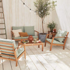 Salon de jardin 4 places en acacia canapé fauteuils table basse coussins vert de gris 123 x 82 x 74 cm
