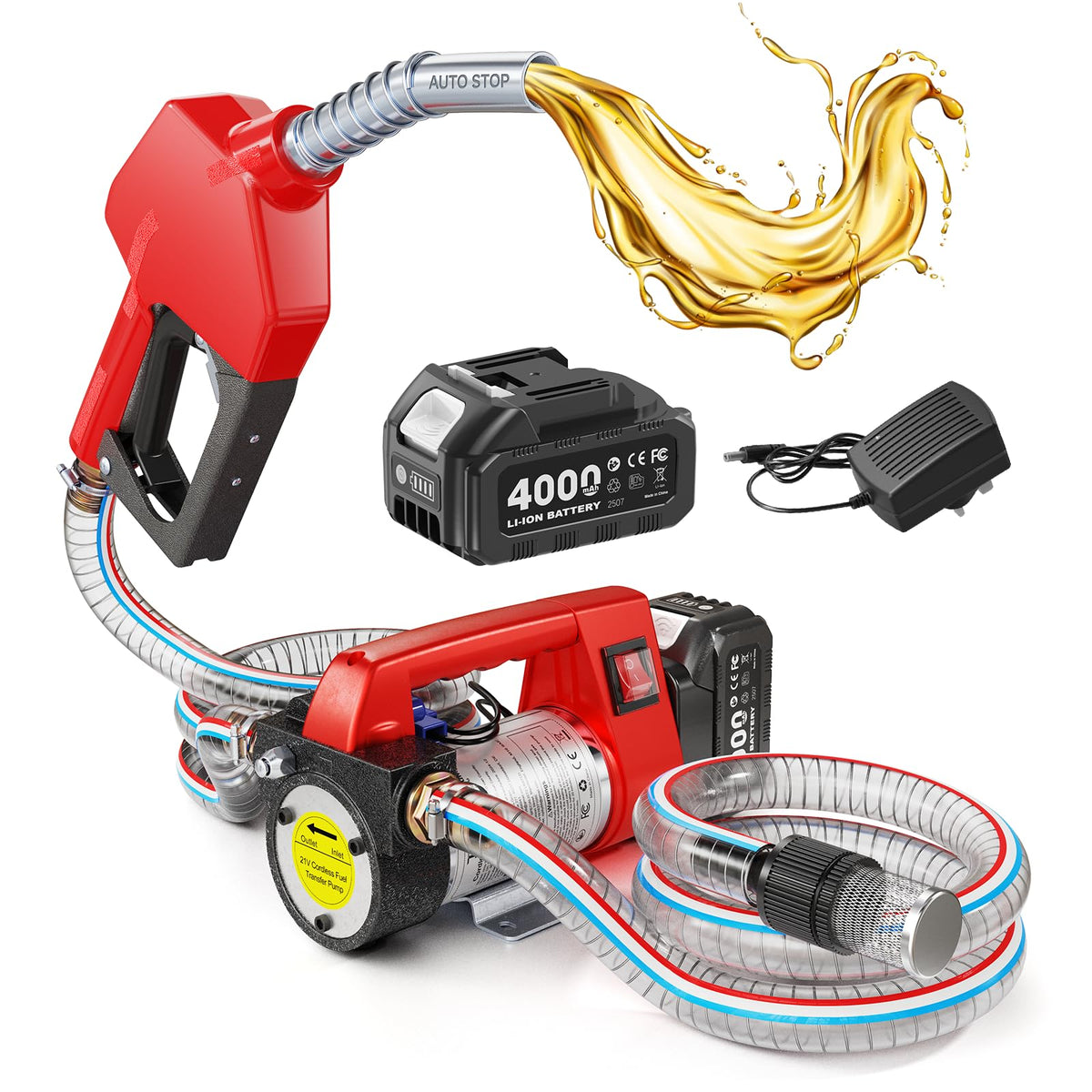Pompe de transfert diesel sans fil 45 L/min 18 V batterie 4 Ah buse automatique tuyaux 2 m filtre pour gazole kérosène biodiesel