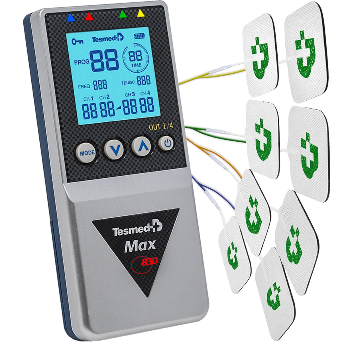Électrostimulateur musculaire Max 830 TENS EMS Massage 4 canaux 115 programmes 99 niveaux d'intensité 8 électrodes