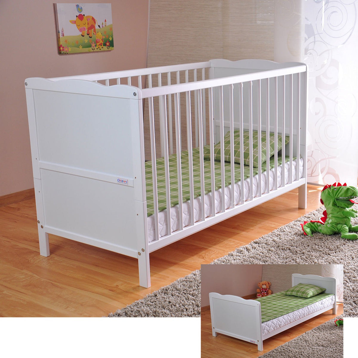 Lit bébé convertible 124 x 65 x 87 cm en bois de pin avec matelas mousse 6 cm 3 hauteurs réglables couchage 120 x 60 cm