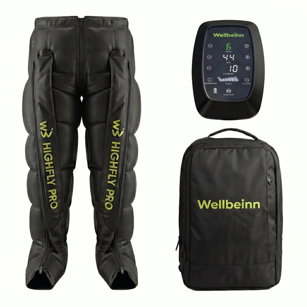 Pantalon de pressothérapie sans fil HighFly Pro 01 6 chambres 0 à 200 mmHg 6 niveaux 5 programmes écran LCD Bluetooth USB-C