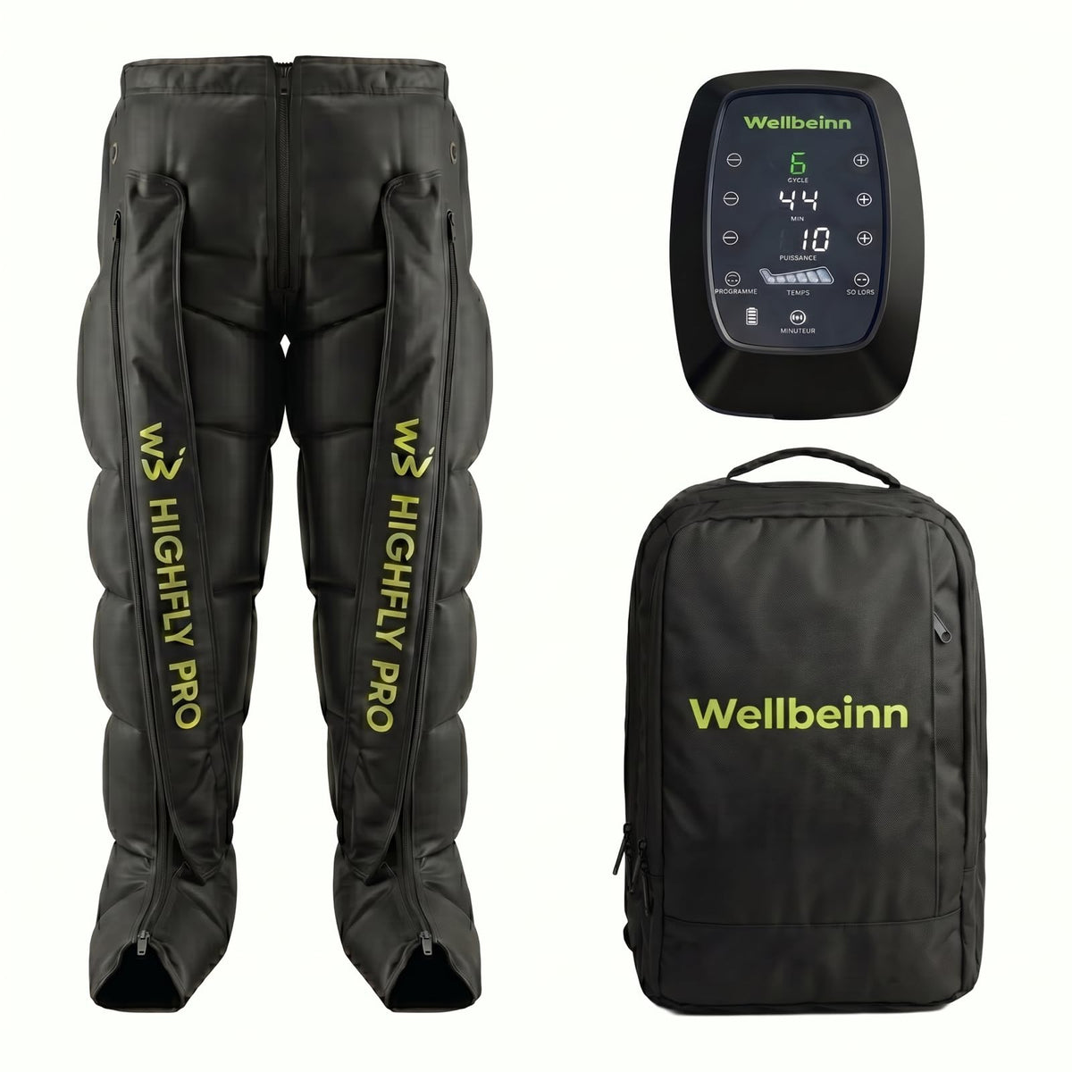 Pantalon de pressothérapie sans fil HighFly Pro 01 6 chambres 0 à 200 mmHg 6 niveaux 5 programmes écran LCD Bluetooth USB-C