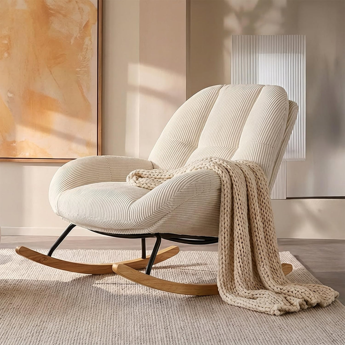 Fauteuil à bascule scandinave en velours côtelé beige 111 x 79 x 84 cm dossier haut accoudoirs ergonomiques charge 120 kg