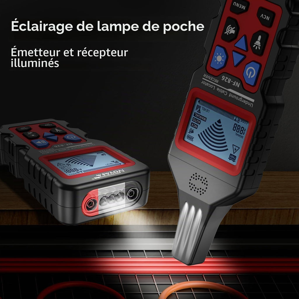 Détecteur de câbles souterrains et muraux NF-826 12 à 400 V avec fonction voltmètre et sensibilité réglable
