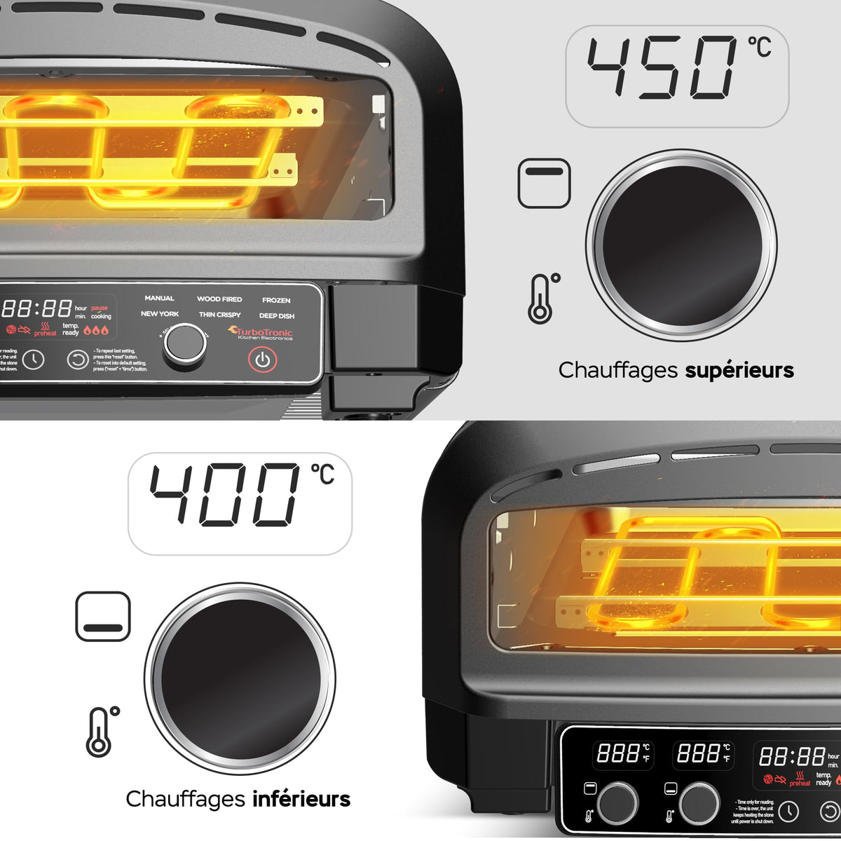 Four à pizza électrique Pizzaliano 2200 W 450 °C 20 L pierre à pizza pelle à pizza 37 cm 6 programmes écran LED