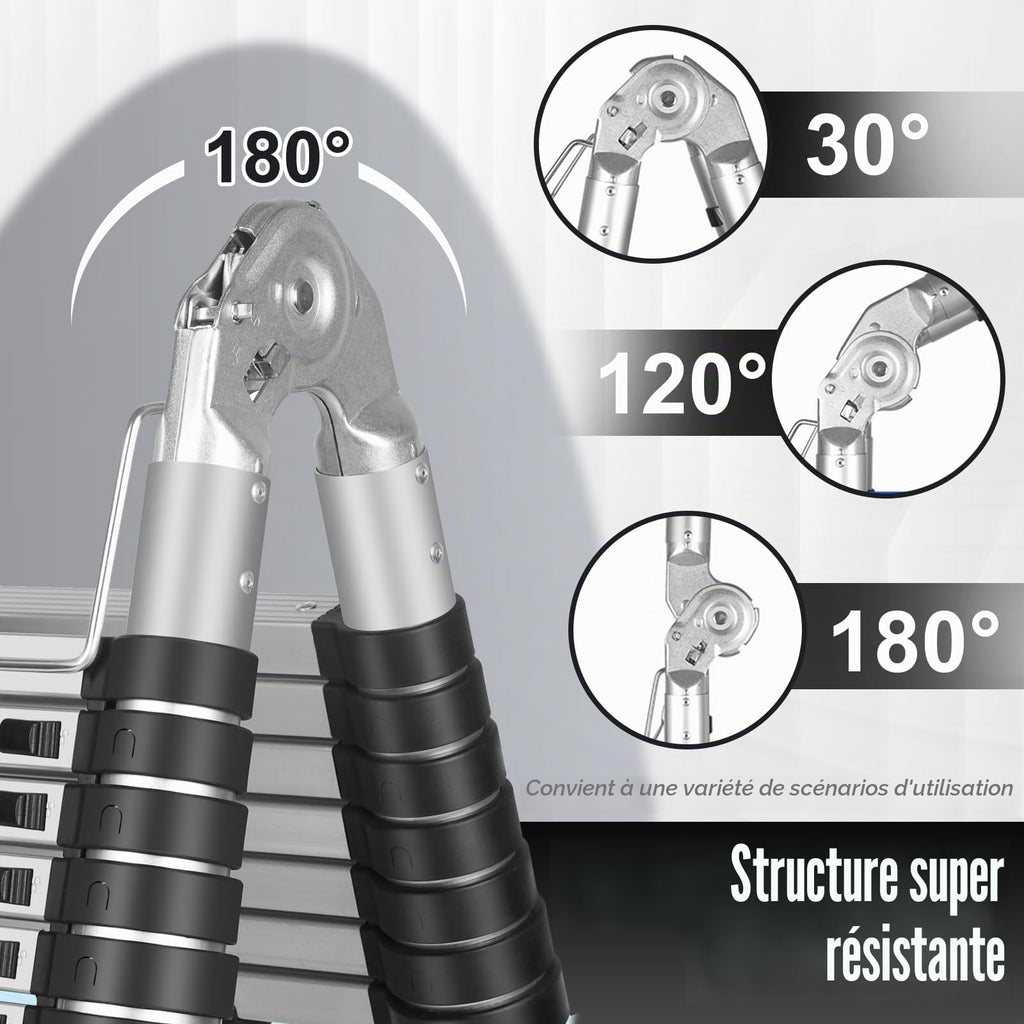 Échelle télescopique pliante DLT210E 5 m aluminium argent 150 kg hauteur réglable stabilisateurs échelle A et droite