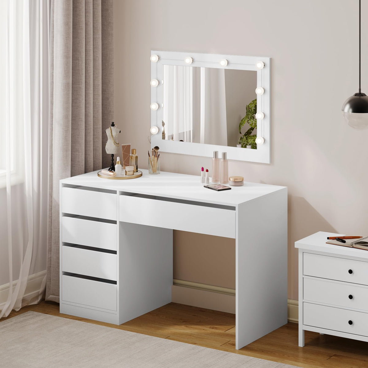 Bureau d'Ordinateur avec Rangement SCD0229 120 x 55 x 75 cm 5 Tiroirs MDF Charge 50 kg Plateau 120 cm Blanc