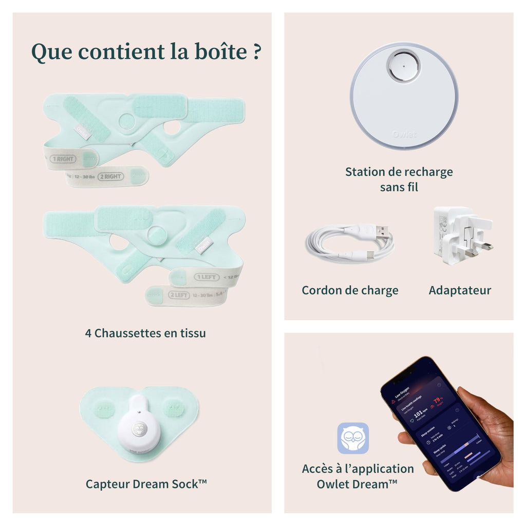 Moniteur bébé intelligent Dream Sock avec suivi de la fréquence cardiaque et du niveau d’oxygène autonomie 16 h Bluetooth Wi-Fi 2,4 GHz