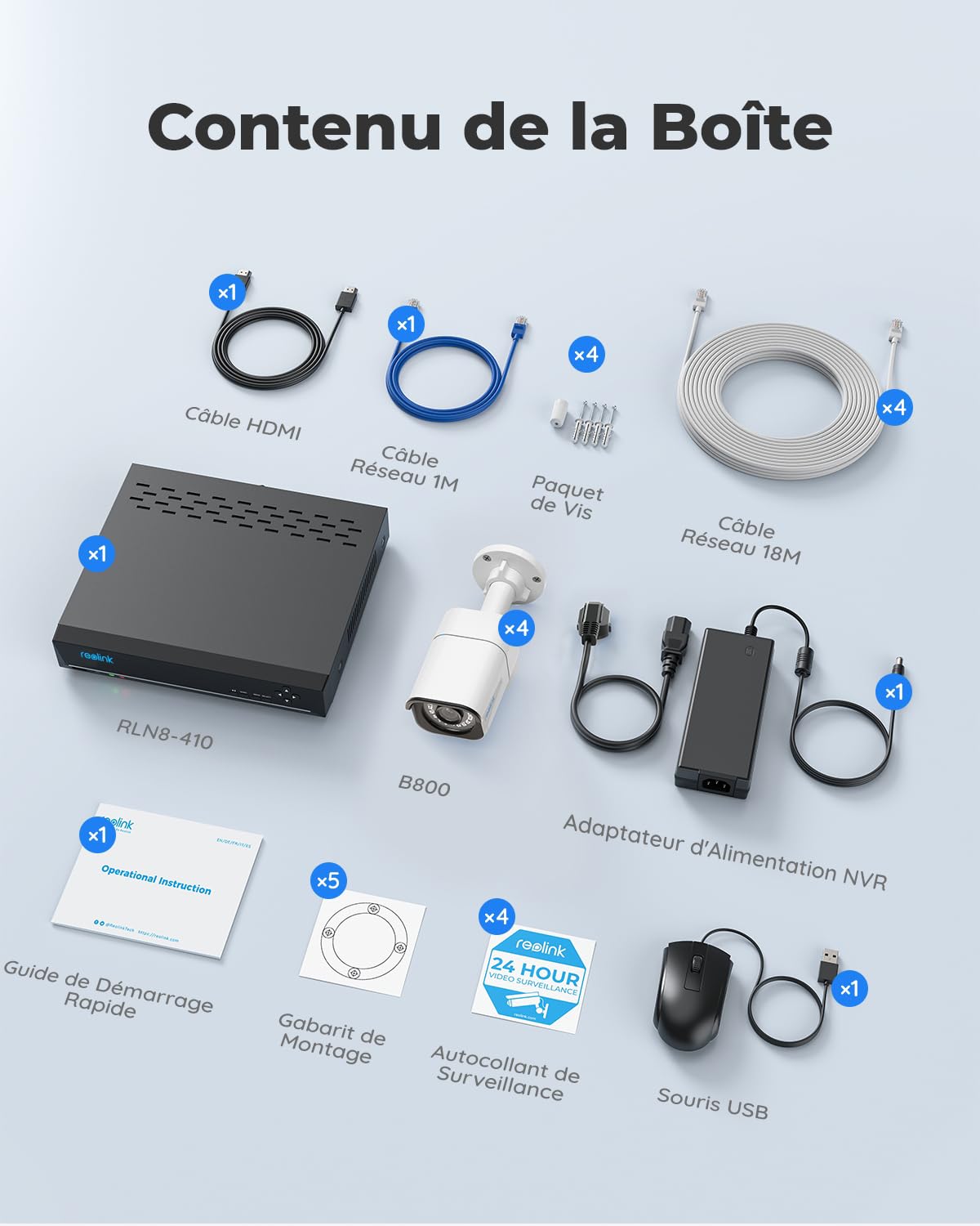 Kit de vidéosurveillance PoE RLK8-800B4 4K avec 4 caméras IP 8 MP NVR 8 canaux 2 To détection de personnes et véhicules