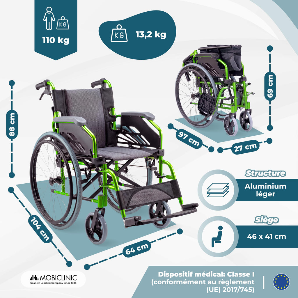 Fauteuil roulant pliable Bolonia en aluminium vert dossier divisible accoudoirs rabattables repose-pieds amovibles assise 46 cm