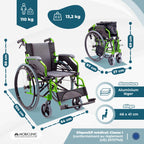 Fauteuil roulant pliable Bolonia en aluminium vert dossier divisible accoudoirs rabattables repose-pieds amovibles assise 46 cm