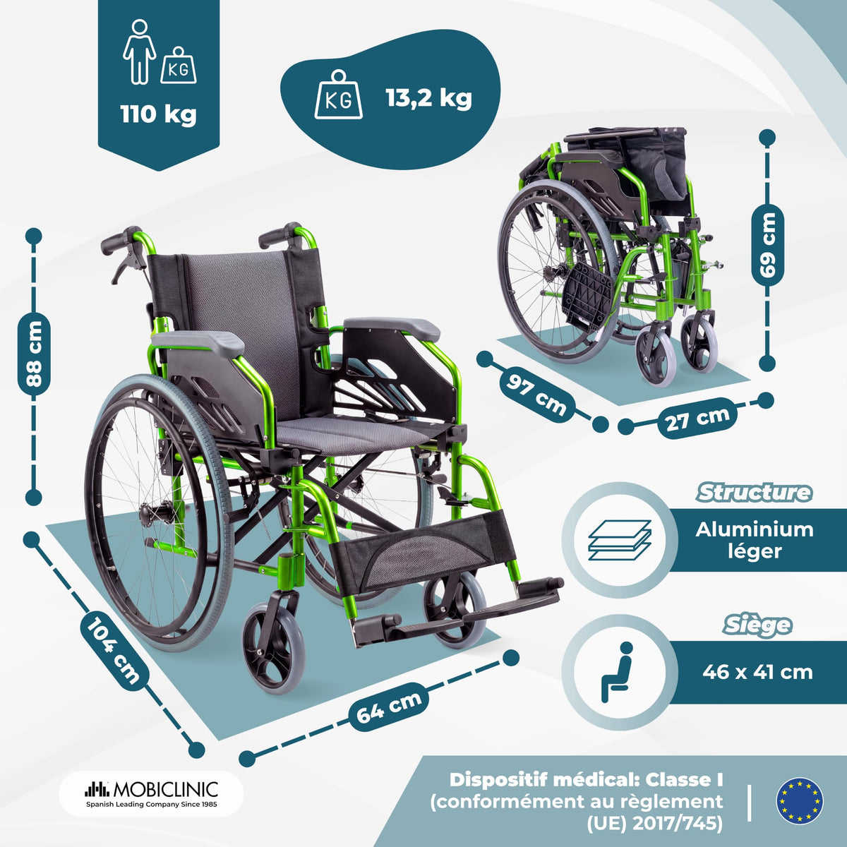 Fauteuil roulant pliable Bolonia en aluminium vert dossier divisible accoudoirs rabattables repose-pieds amovibles assise 46 cm