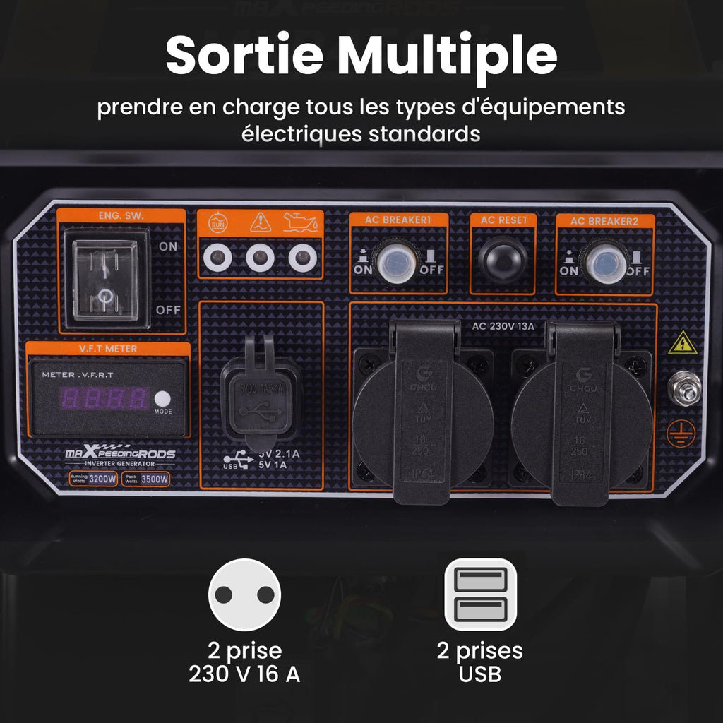 Groupe Électrogène Inverter Portable 3500 W Essence 4 Temps 3200 W 230 V 50 Hz Moteur 223 cm³ Réservoir 7,5 L