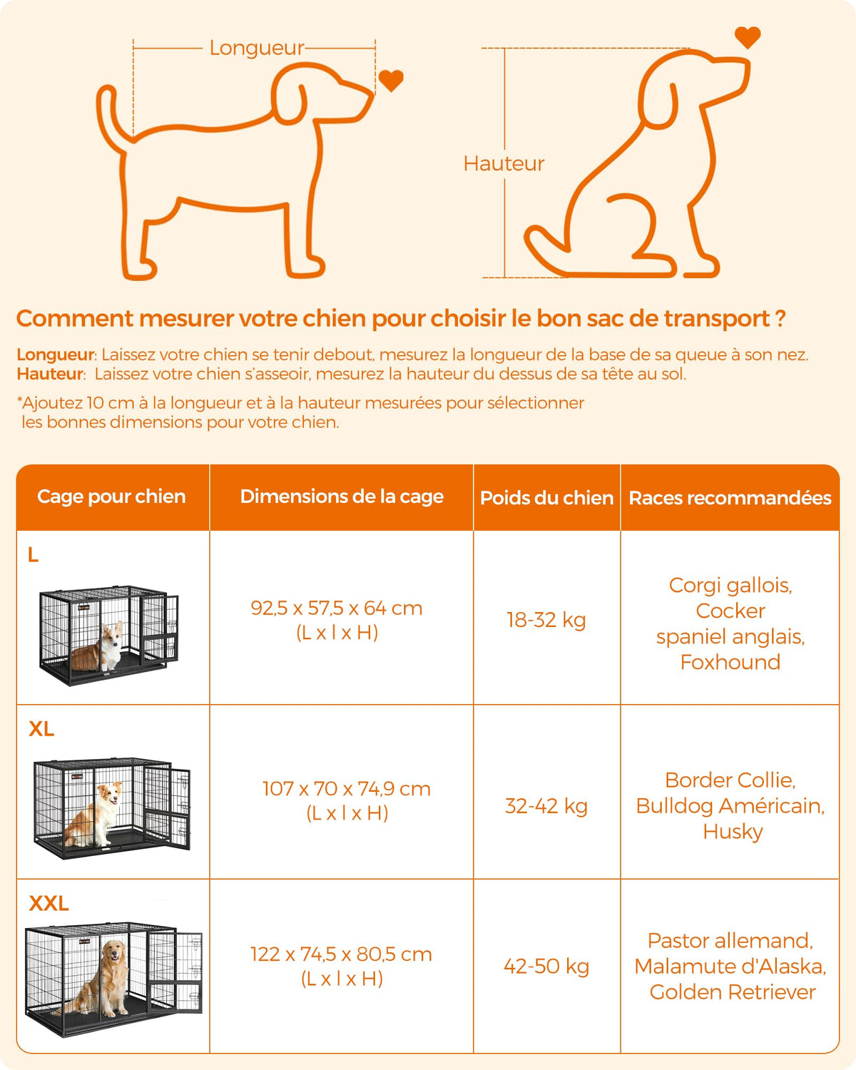 Cage pour chien XXL PPD003B01 122 x 74,5 x 80,5 cm acier allié 2 portes plateau amovible écart de 11 mm