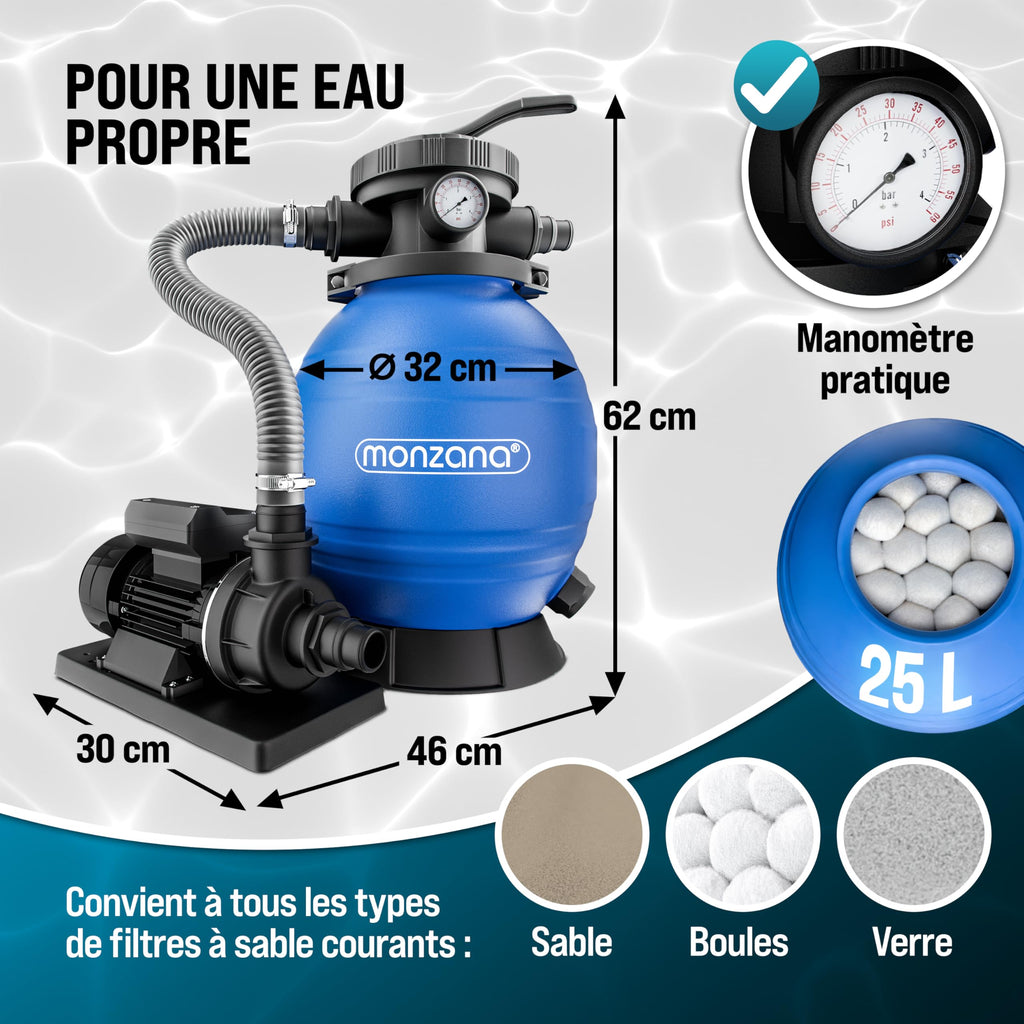 Pompe filtre à sable pour piscine 10,2 m³/h SF12K MZPP14 400 W réservoir 25 L 230 V raccord 32 à 38 mm