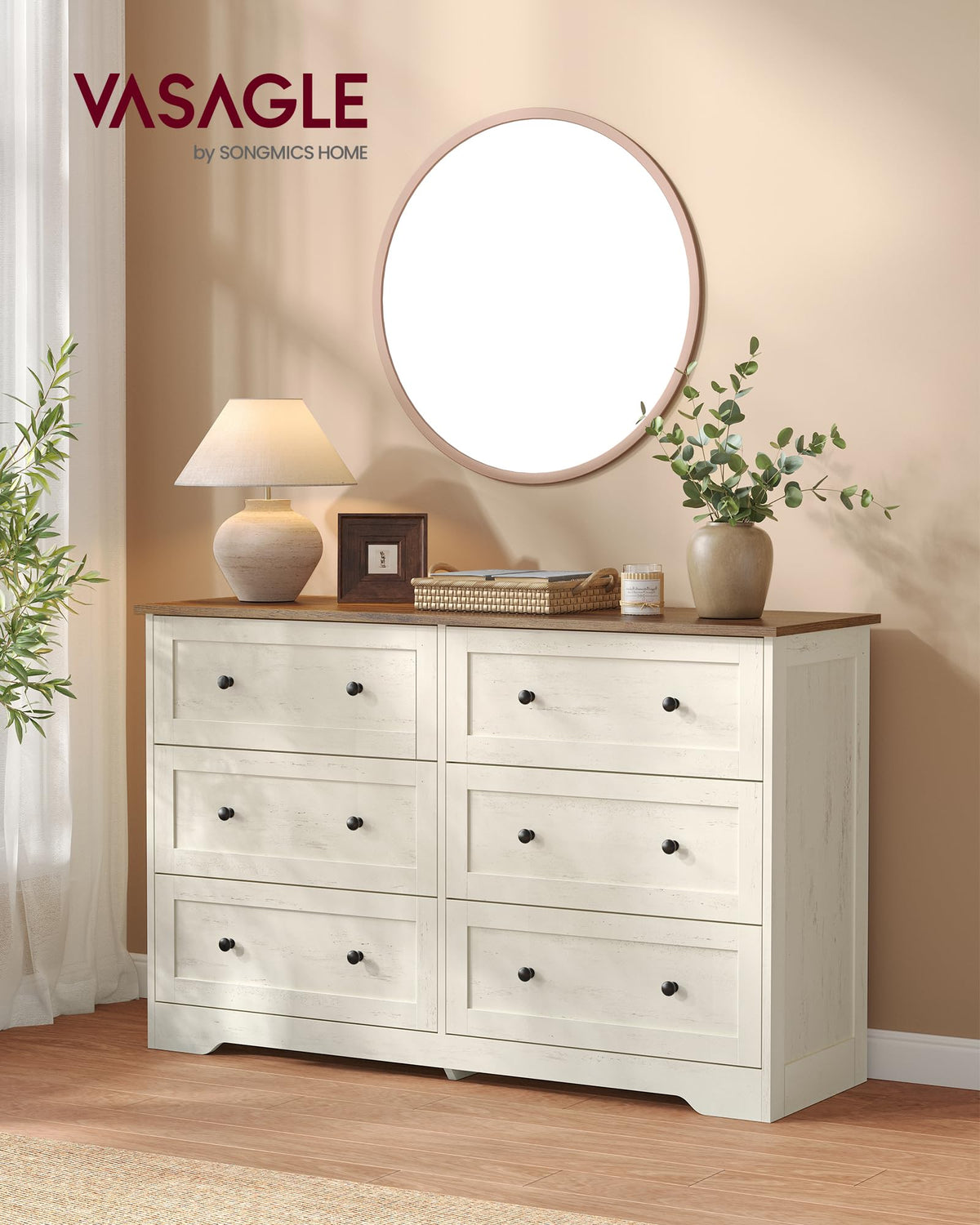 Commode 6 tiroirs LTS663WJ01 40 x 120 x 78 cm bois d'ingénierie blanc rustique marron miel meuble de rangement