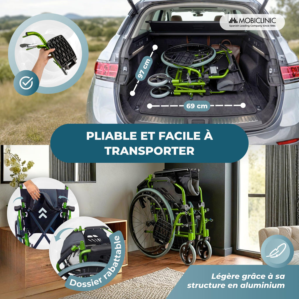 Fauteuil roulant pliable Bolonia en aluminium vert dossier divisible accoudoirs rabattables repose-pieds amovibles assise 46 cm