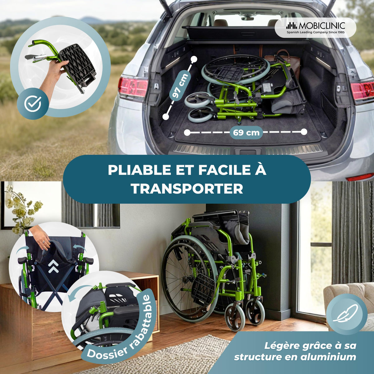 Fauteuil roulant pliable Bolonia en aluminium vert dossier divisible accoudoirs rabattables repose-pieds amovibles assise 46 cm