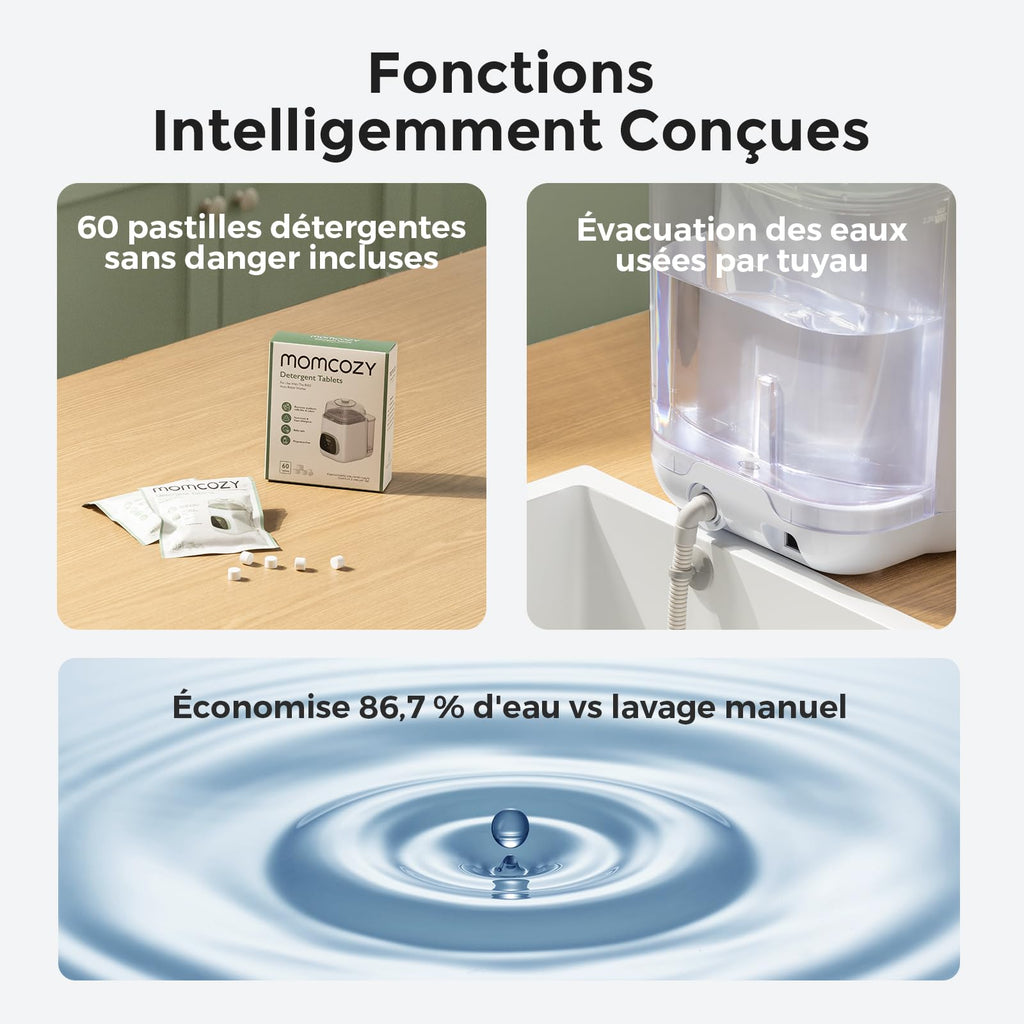Lave-Biberons Haute Pression 2,2 kPa 3 en 1 Nettoyage Stérilisation Vapeur Séchage 19 min 9 Programmes 4 Biberons 60 Pastilles