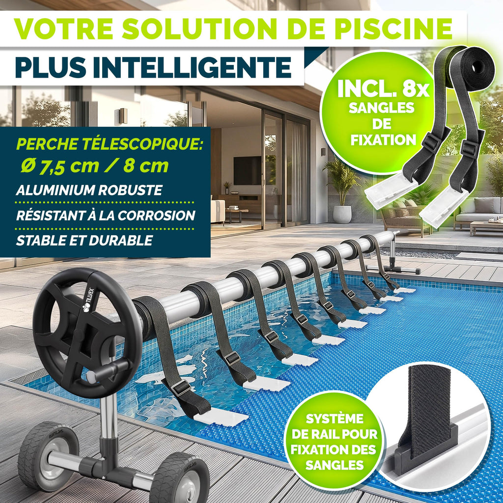 Enrouleur de bâche de piscine télescopique 3 à 5,70 m en aluminium avec 8 clips 8 sangles thermomètre et roues