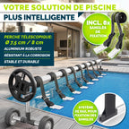 Enrouleur de bâche de piscine télescopique 3 à 5,70 m en aluminium avec 8 clips 8 sangles thermomètre et roues