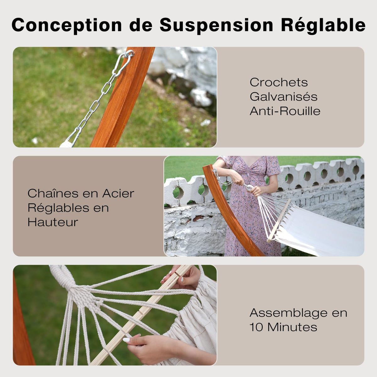 Hamac avec support en bois 320 x 120 cm 2 places charge 200 kg coton beige réglable en hauteur