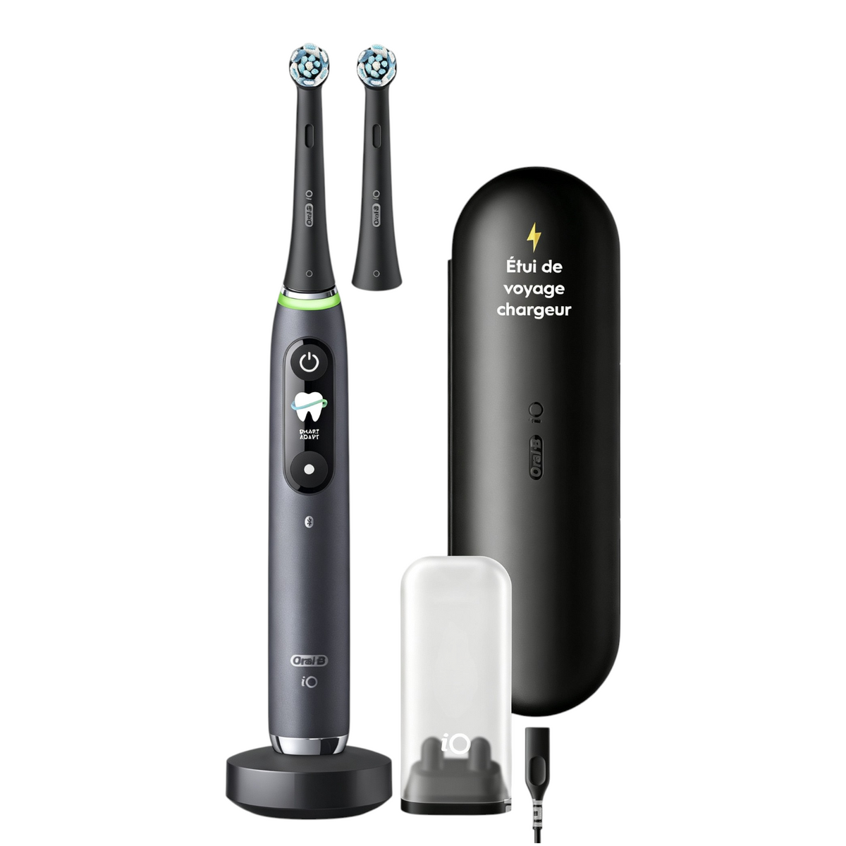 Brosse à dents électrique iO 9N rechargeable noire 7 modes capteur de pression 2 têtes étui de voyage chargeur