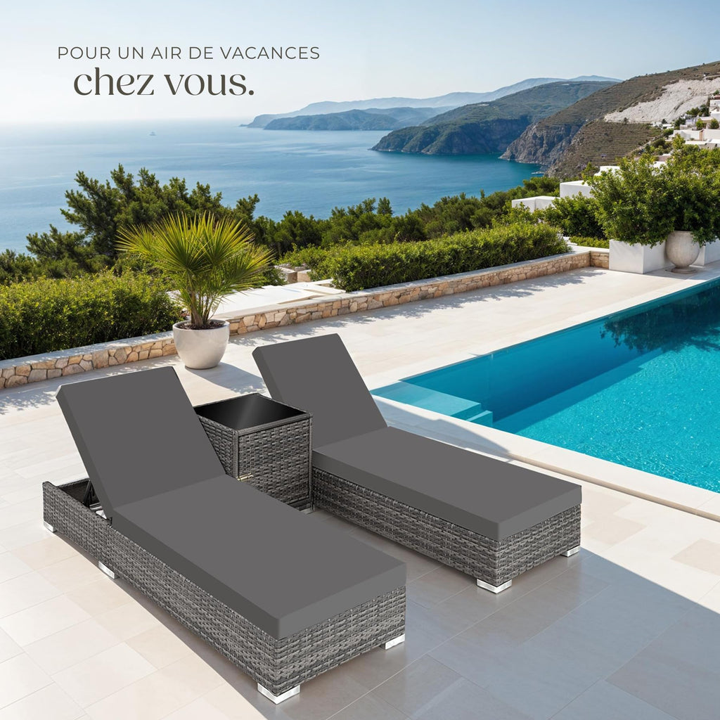 Set de 2 bains de soleil avec table 403088 dossier réglable 5 positions résine tressée aluminium housses de protection