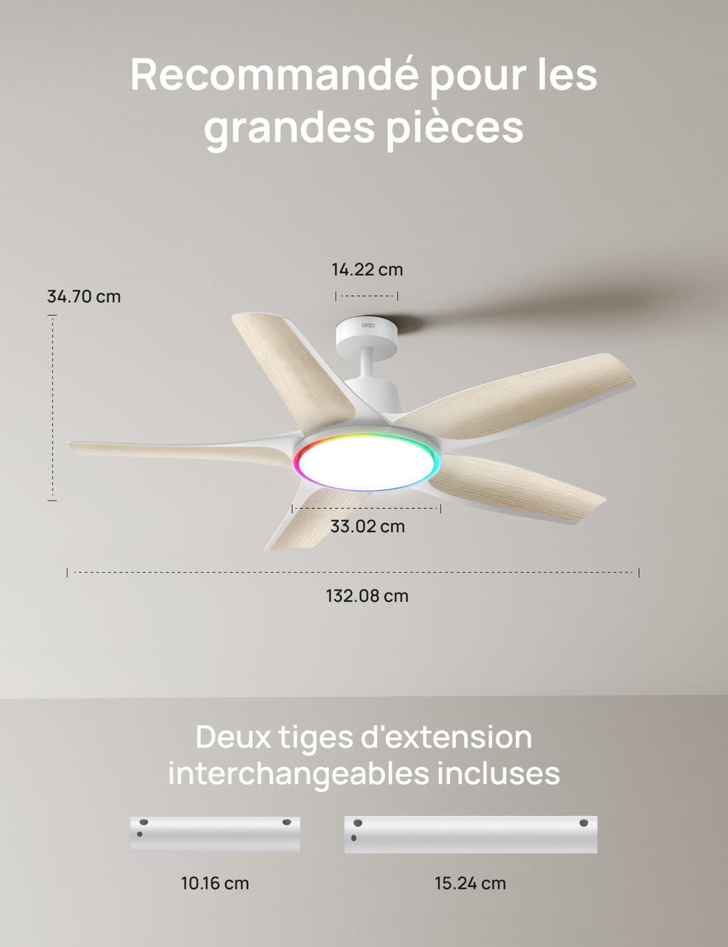 Ventilateur de Plafond avec Lumière DR-HCF002S 132 cm 54 W LED Dimmable RGB Wi-Fi 6 Vitesses Moteur CC Blanc
