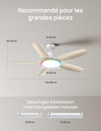 Ventilateur de Plafond avec Lumière DR-HCF002S 132 cm 54 W LED Dimmable RGB Wi-Fi 6 Vitesses Moteur CC Blanc